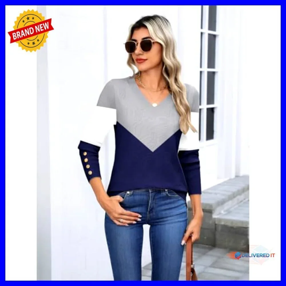 V-Neck Ribbed Knit Pullover Sweater Lightweight Long Sleeve Button Cuff Blouse